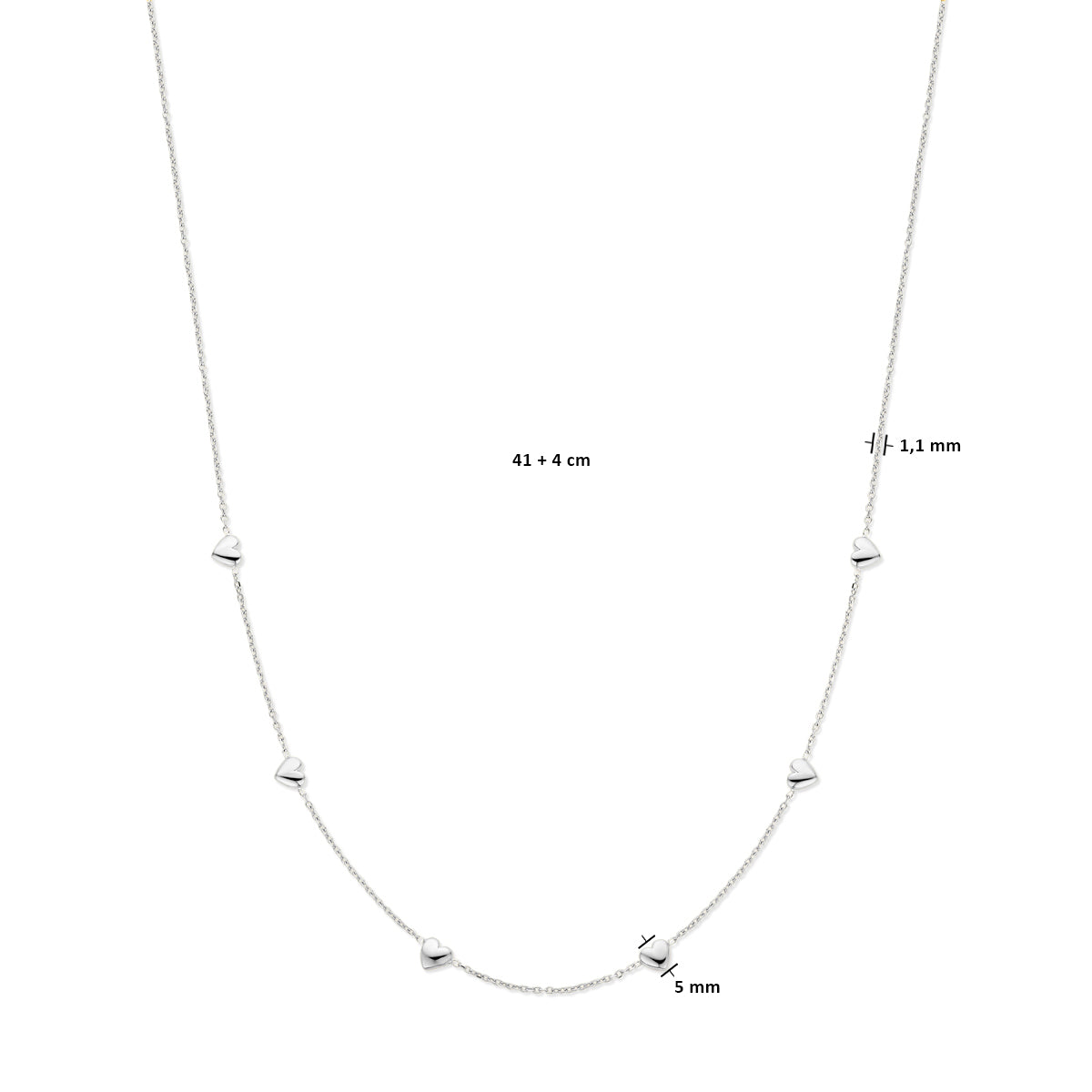 collier hartjes 41 + 4 cm zilver gerhodineerd