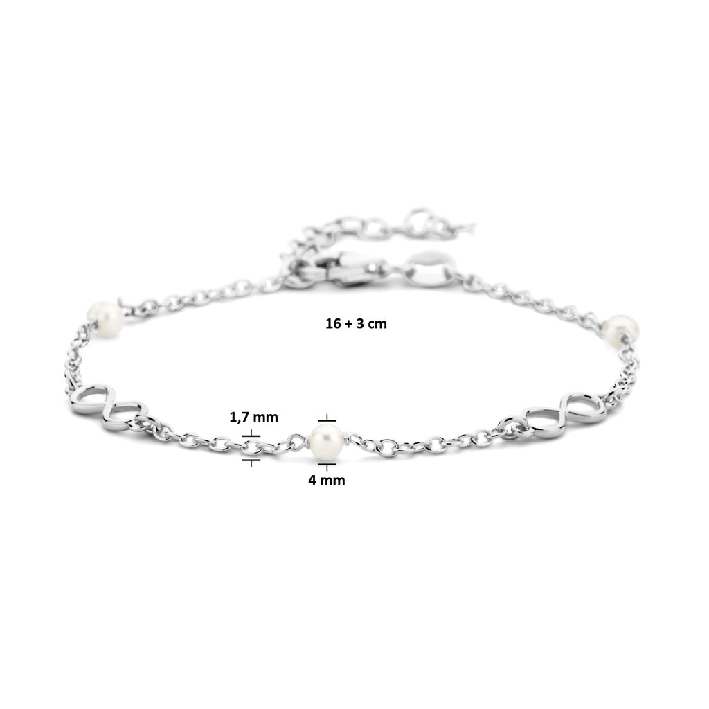 Armband Unendlichkeit und Perlen 16 + 3 cm 1 Mikron Silber rhodiniert