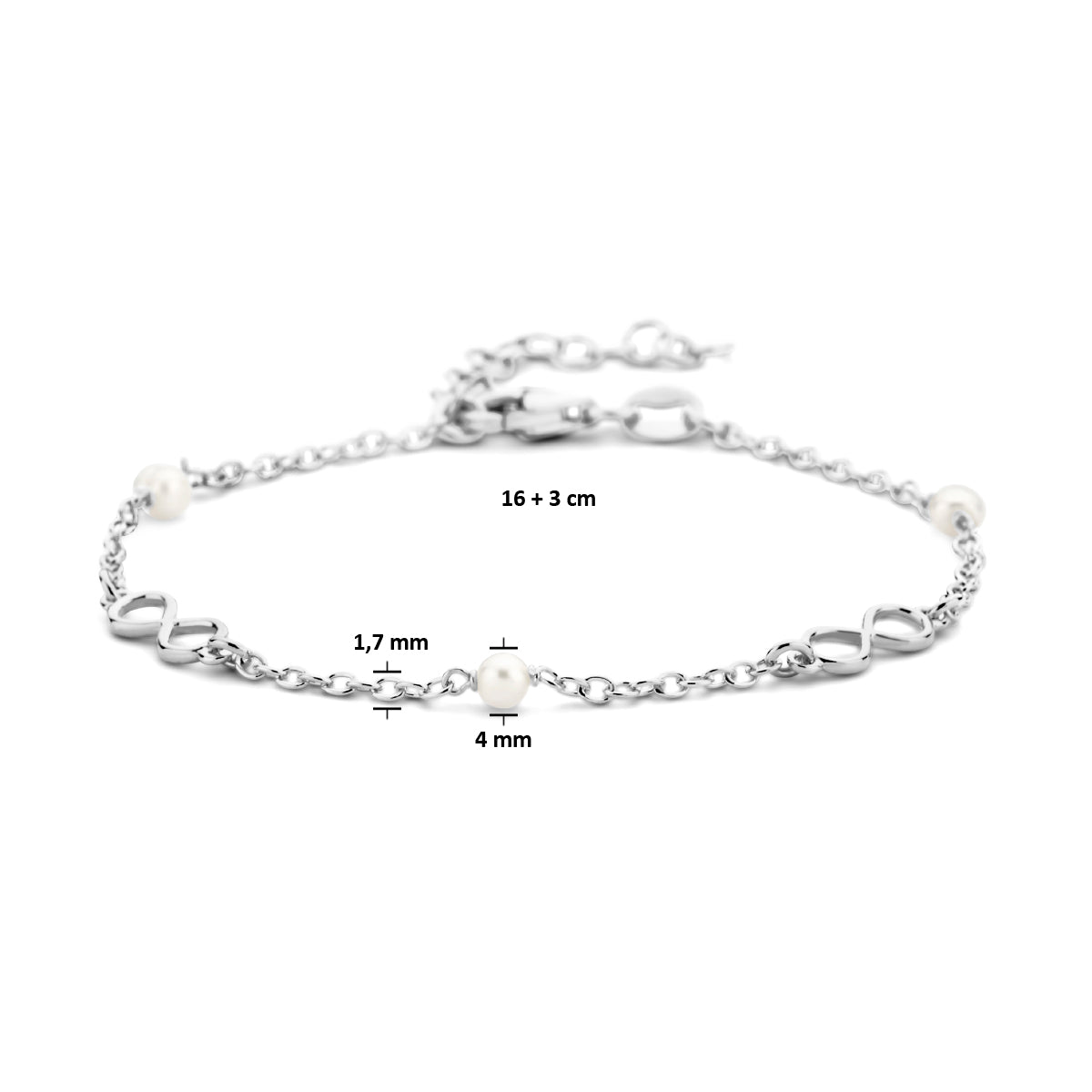 Armband Unendlichkeit und Perlen 16 + 3 cm 1 Mikron Silber rhodiniert