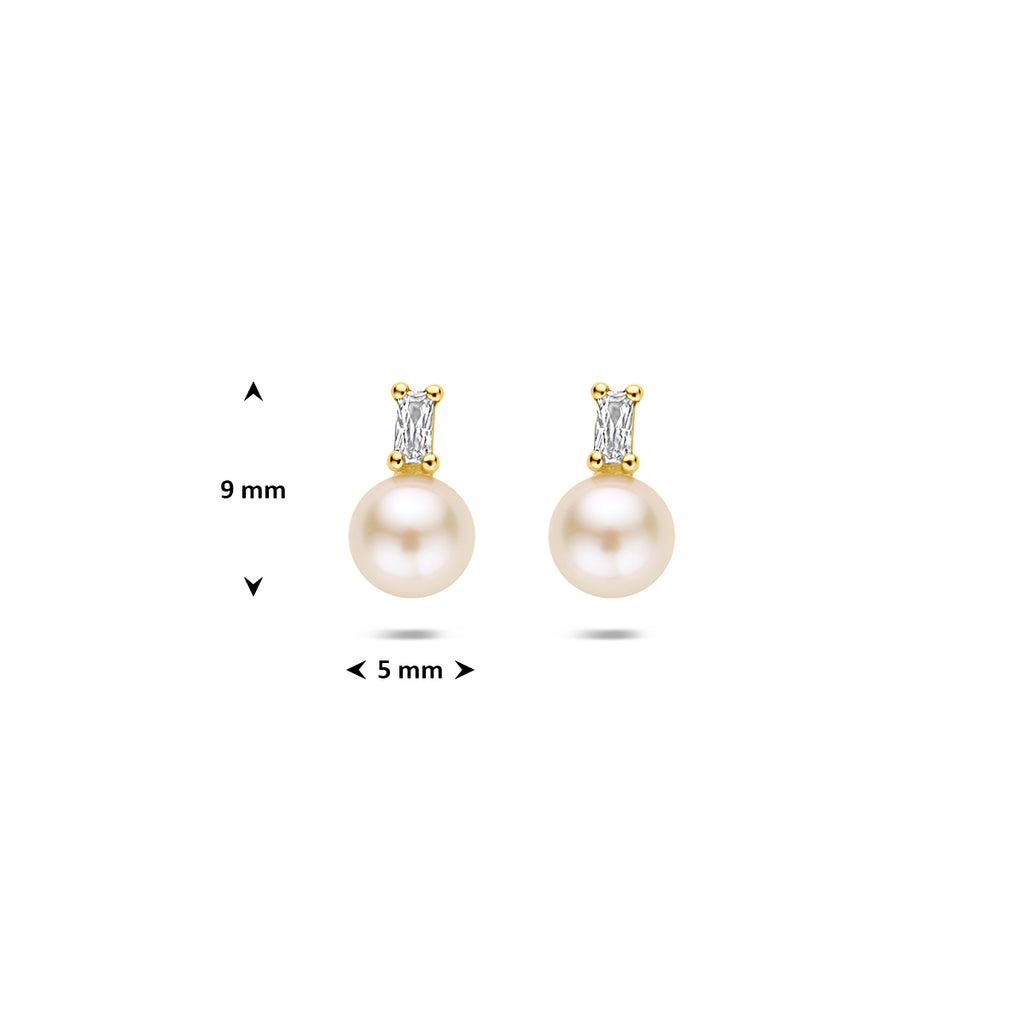 9k oorknoppen parel en zirkonia 9 mm 9K geel