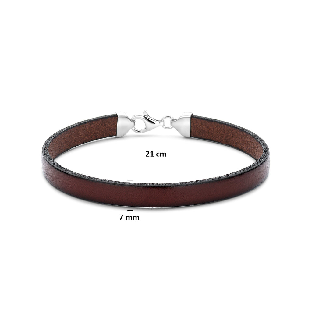 armband bruin leer 7 mm 21 cm zilver gerhodineerd met rubber/nylon/leer