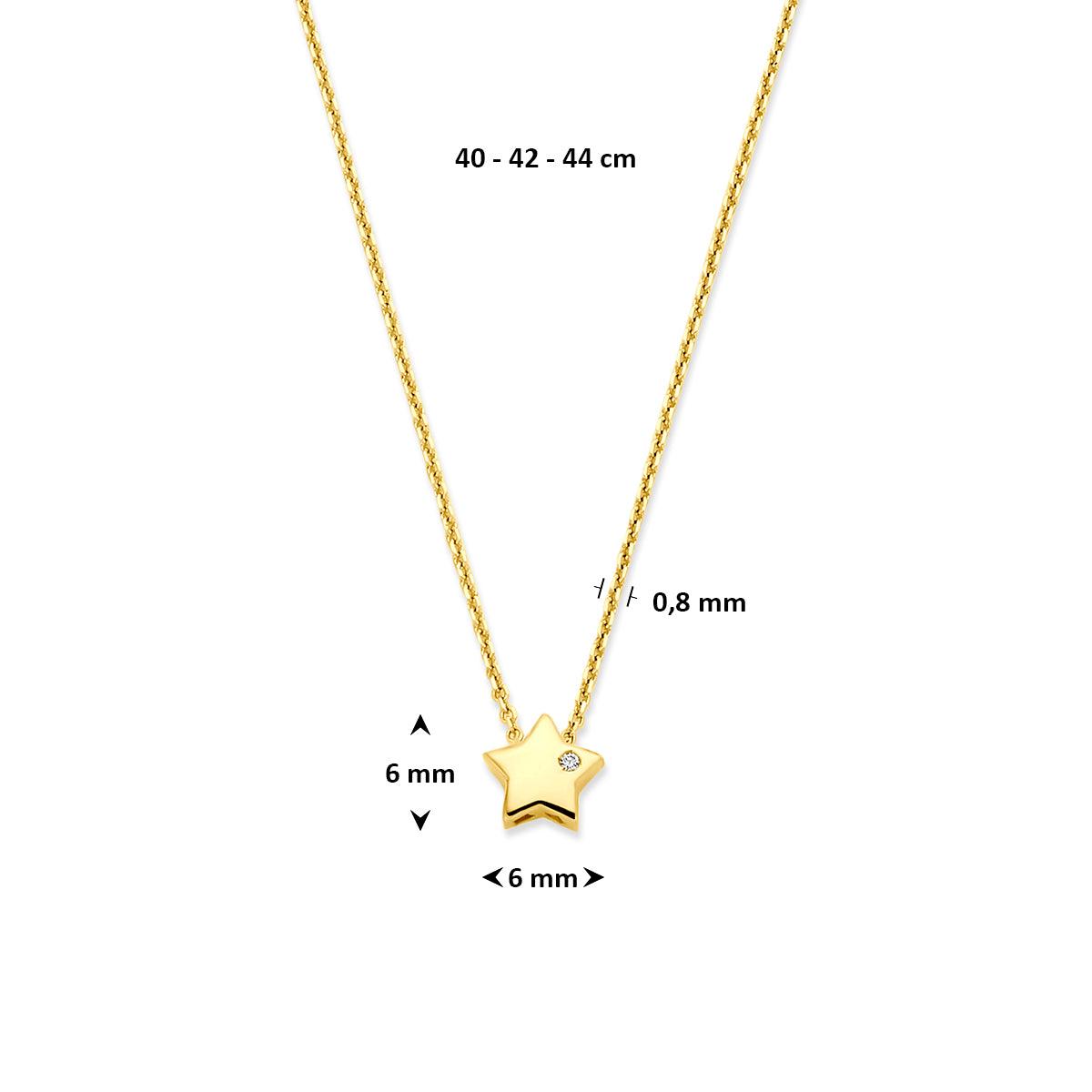 collier ster lab grown diamant 0.01ct f vs 40 - 42 - 44 cm 14K geelgoud