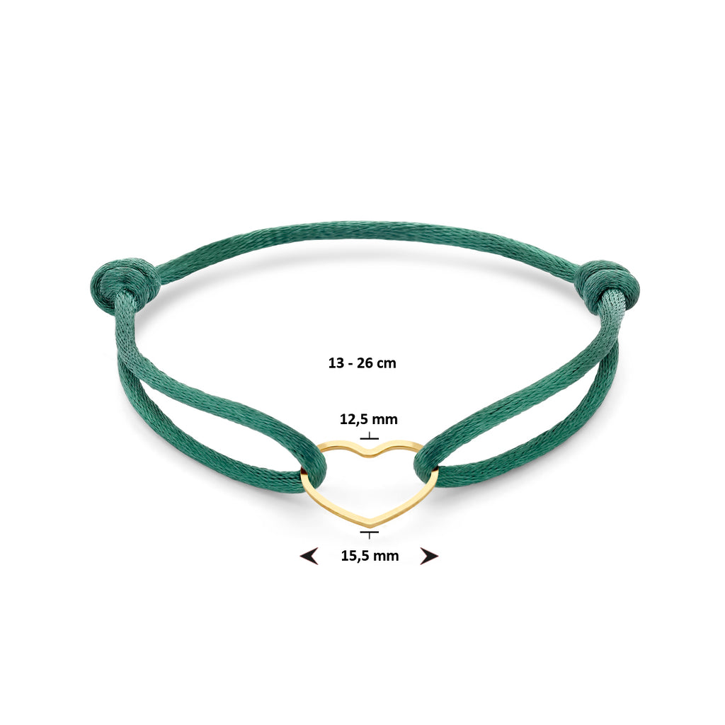 Armband Satin grün Herz 13 - 26 cm vergoldet (mit Gummi/Nylon/Leder)