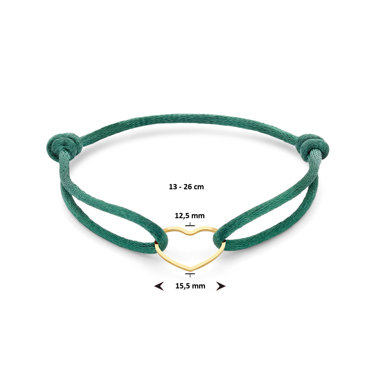 Armband Satin grün Herz 13 - 26 cm vergoldet (mit Gummi/Nylon/Leder)