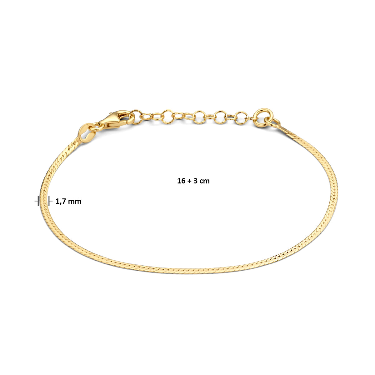 Armband flach 1,7 mm 16 + 3 cm 3 Mikron Silber vergoldet (gelb)