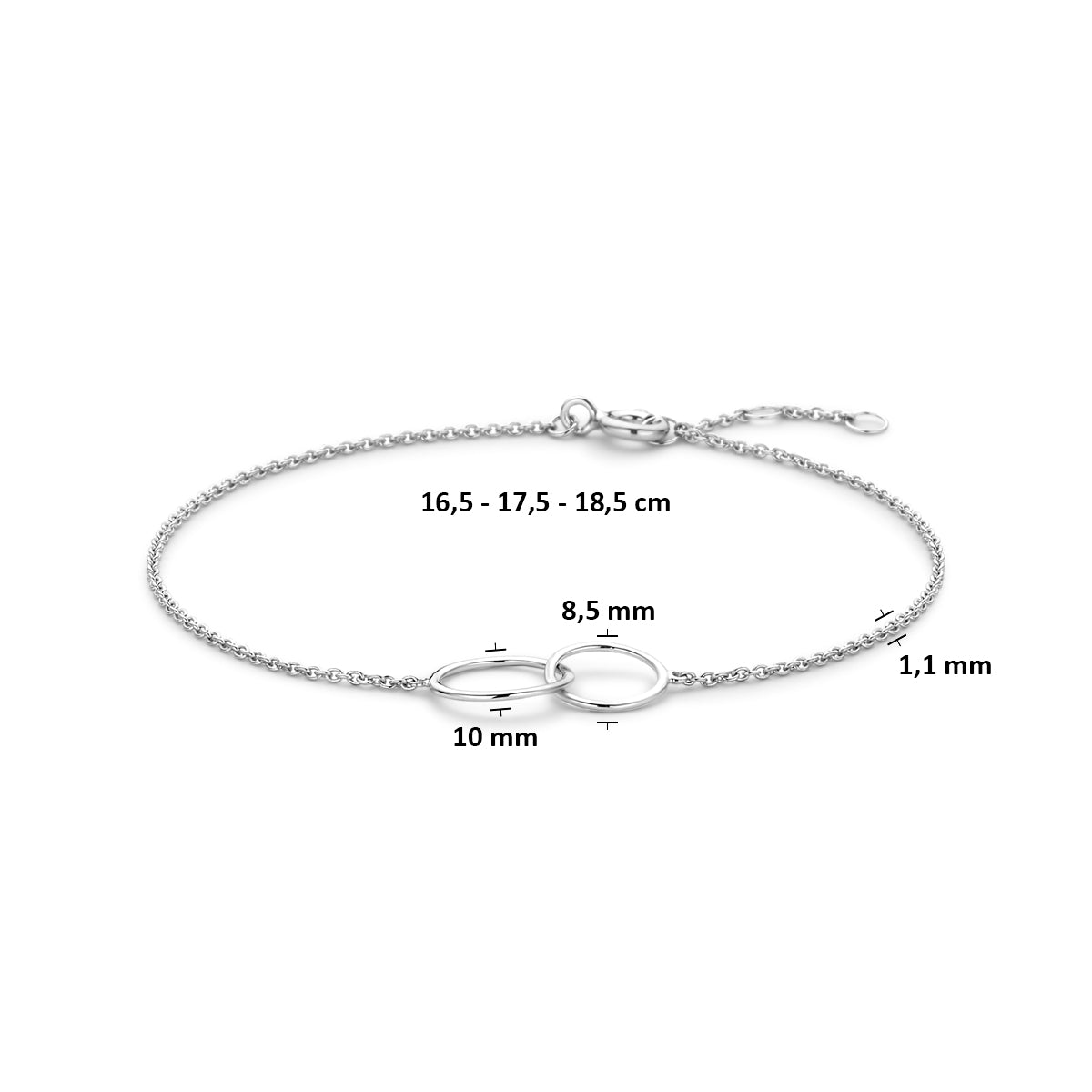 armband rondjes 16,5 - 17,5 - 18,5 cm zilver gerhodineerd - rond
