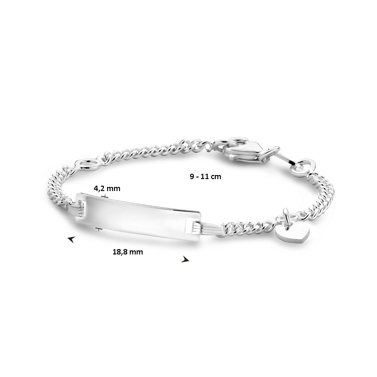 Gravurarmband Herz Gourmette 4 Seiten geschliffene Platte 4,2 mm Silber Weiß