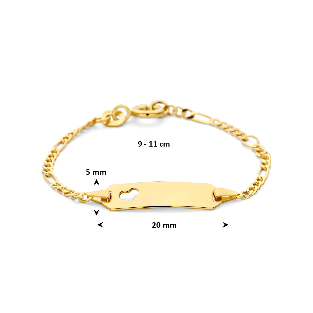 Gravurarmband Figaro Herzplättchen 5,0 mm 14K Gelbgold