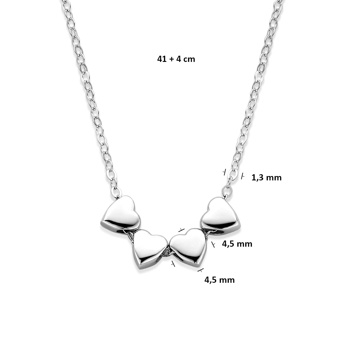 Halskette 4 Herzen 41 + 4 cm rhodiniertes Silber