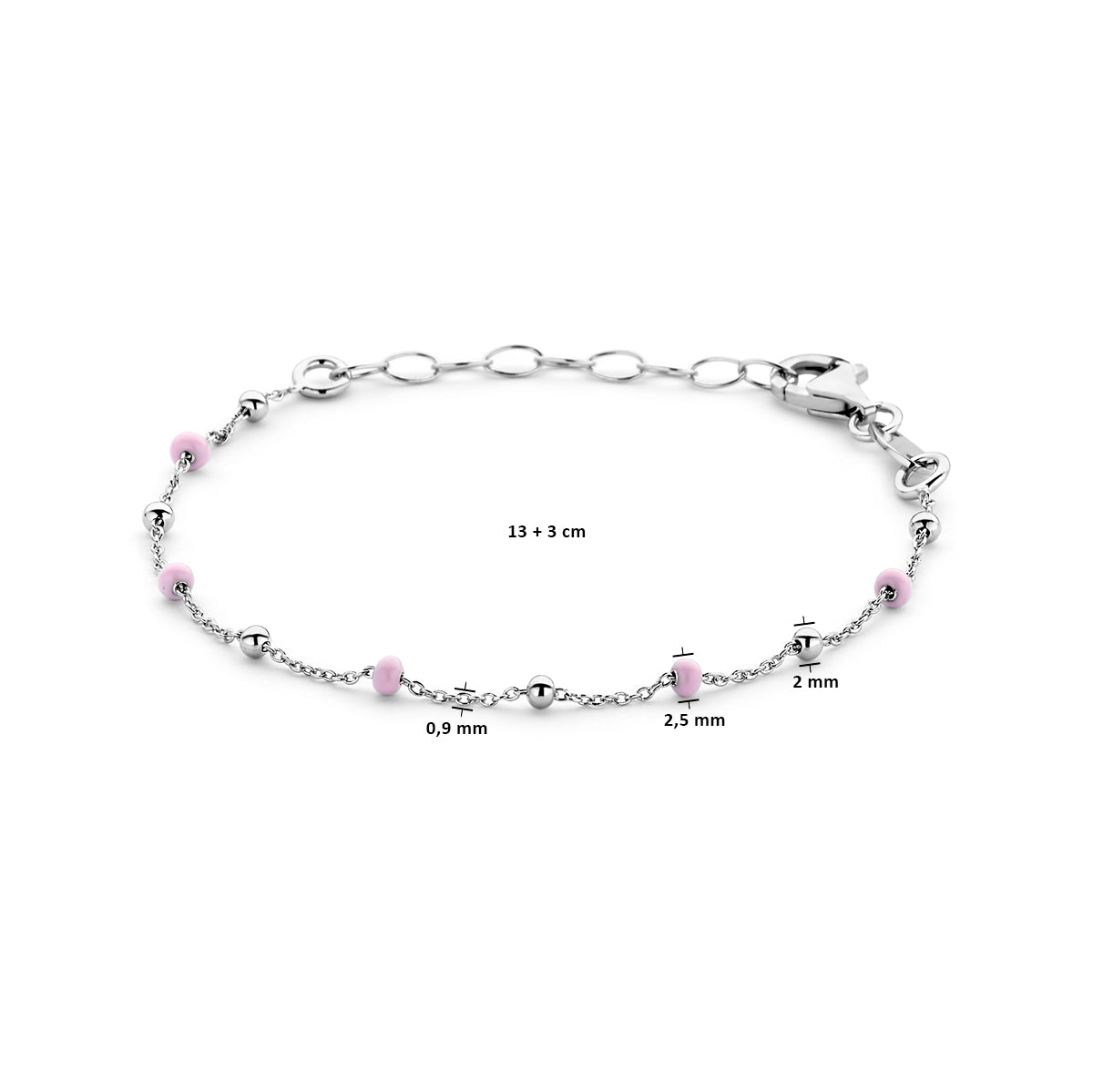 armband bolletjes roze emaille 13 + 3 cm zilver gerhodineerd