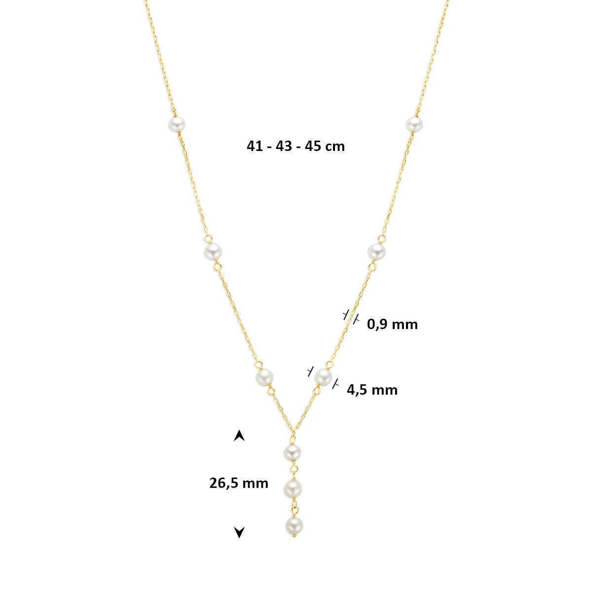 9k y-collier parels 41 - 43 - 45 cm 9K geel