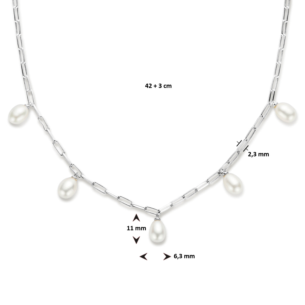 Halskette Perlen 42 + 3 cm Silber rhodiniert