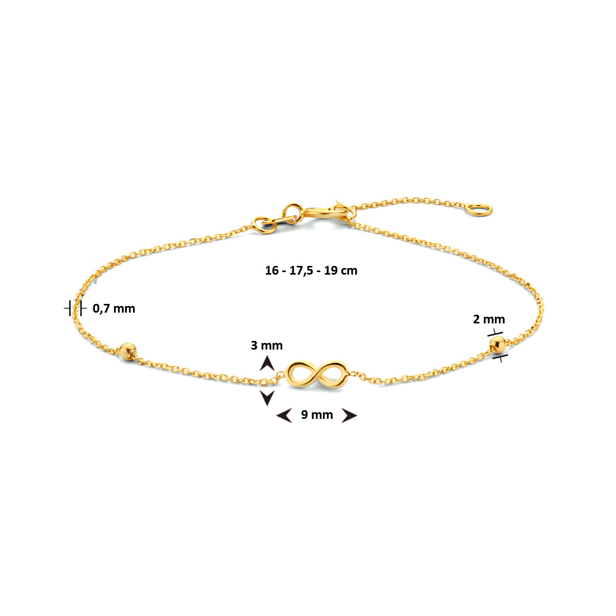 Armband Unendlichkeit und Kugeln 16 - 17,5 - 19 cm 14K Gelbgold