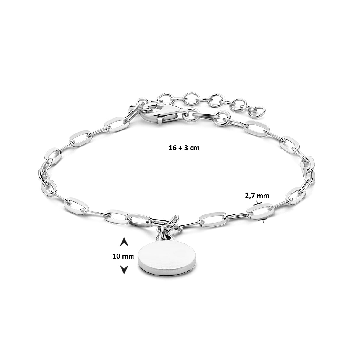 Armband Paperclip flache Röhre rund 2,7 mm 16 + 3 cm rhodiniert Silber