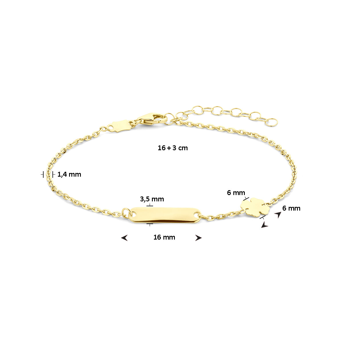 graveerarmband klavertje plaat 3,5 mm 16 + 3 cm 14K geelgoud