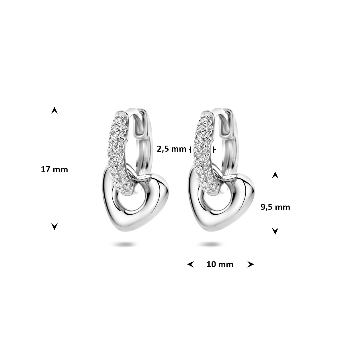 oorringen hartje zirkonia 17 mm zilver gerhodineerd