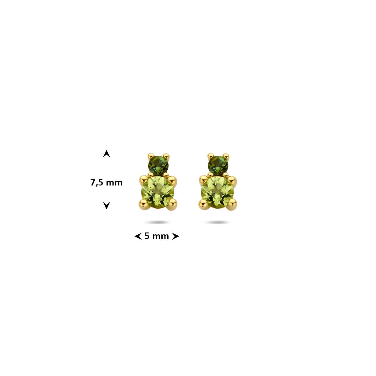 oorknoppen peridot en groen toermalijn 7,5 mm 14K geelgoud