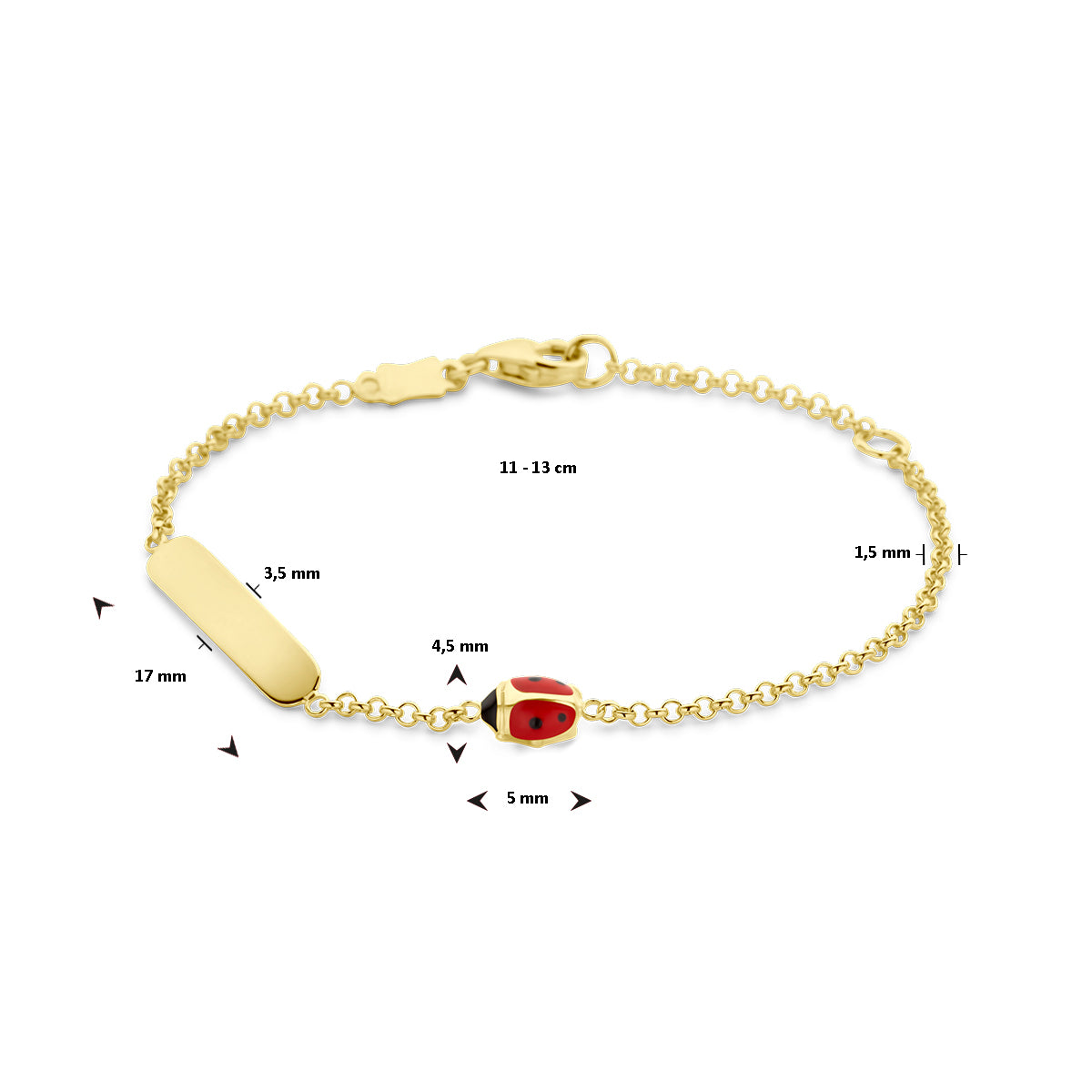 graveerarmband emaille lieveheersbeestje plaat 3,5 mm 11 - 13 cm 14K geelgoud