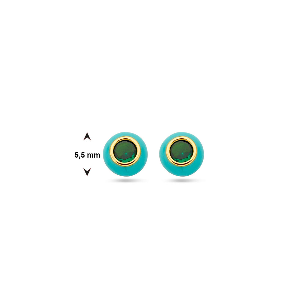 oorknoppen turquoise emaille en groen zirkonia 1 micron zilver verguld (geel)