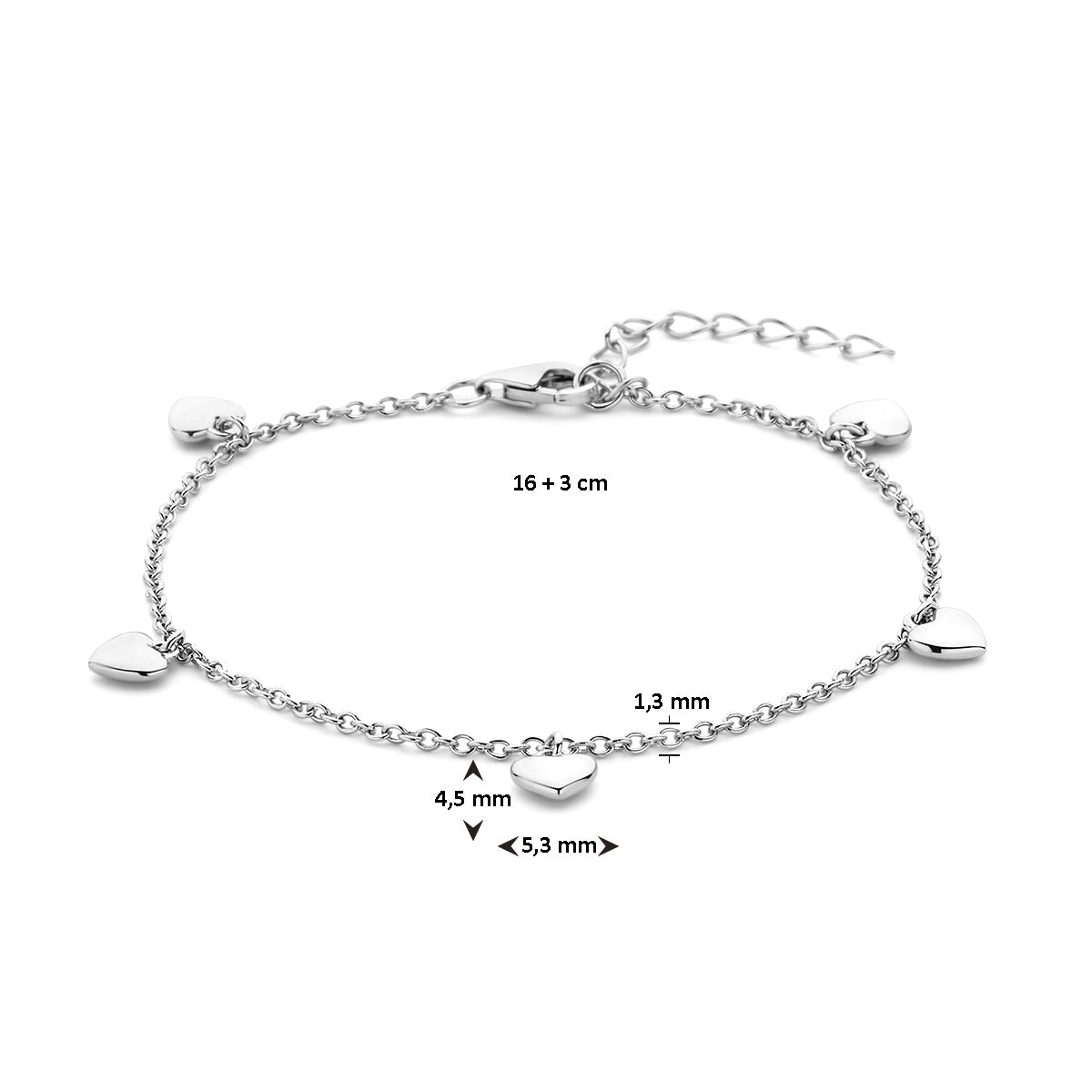 Armband Herzen 16 + 3 cm Silber rhodiniert