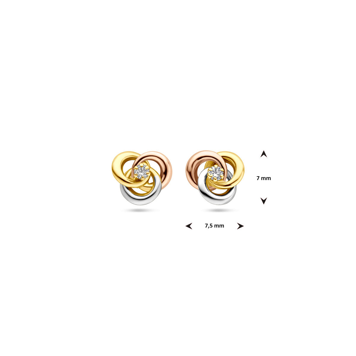 oorknoppen zirkonia 7 mm 14K tricolor goud