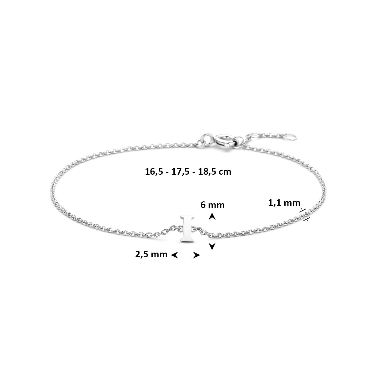 armband letter 16,5 - 17,5 - 18,5 cm zilver gerhodineerd