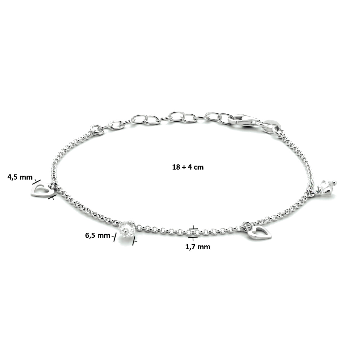 enkelbandje hartjes 18 + 4 cm zilver gerhodineerd