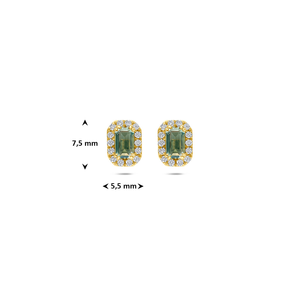 oorknoppen groen amethist en lab grown diamant 0.16ct (2x 0.08ct) f vs 7,5 mm 14K geelgoud