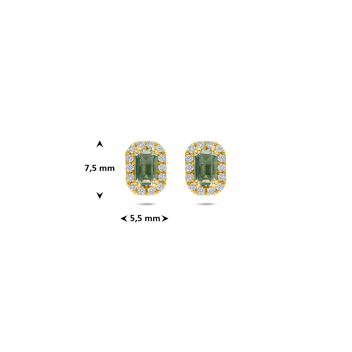 oorknoppen groen amethist en lab grown diamant 0.16ct (2x 0.08ct) f vs 7,5 mm 14K geelgoud