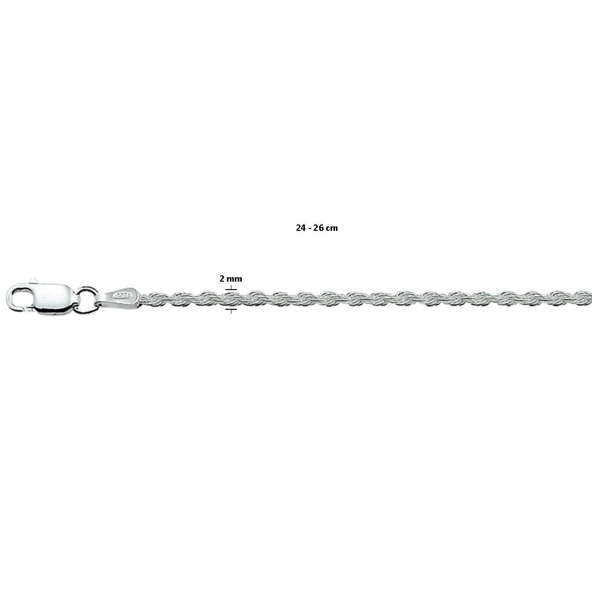 Fußkettchenschnur 2,0 mm 24 - 26 cm Silber rhodiniert