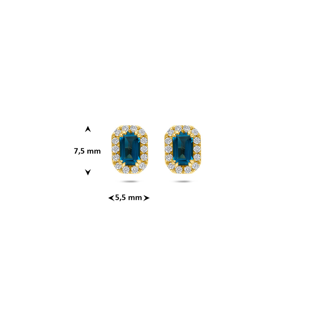 oorknoppen london blue topaas en lab grown diamant 0.16ct (2x 0.08ct) f vs 7,5 mm 14K geelgoud
