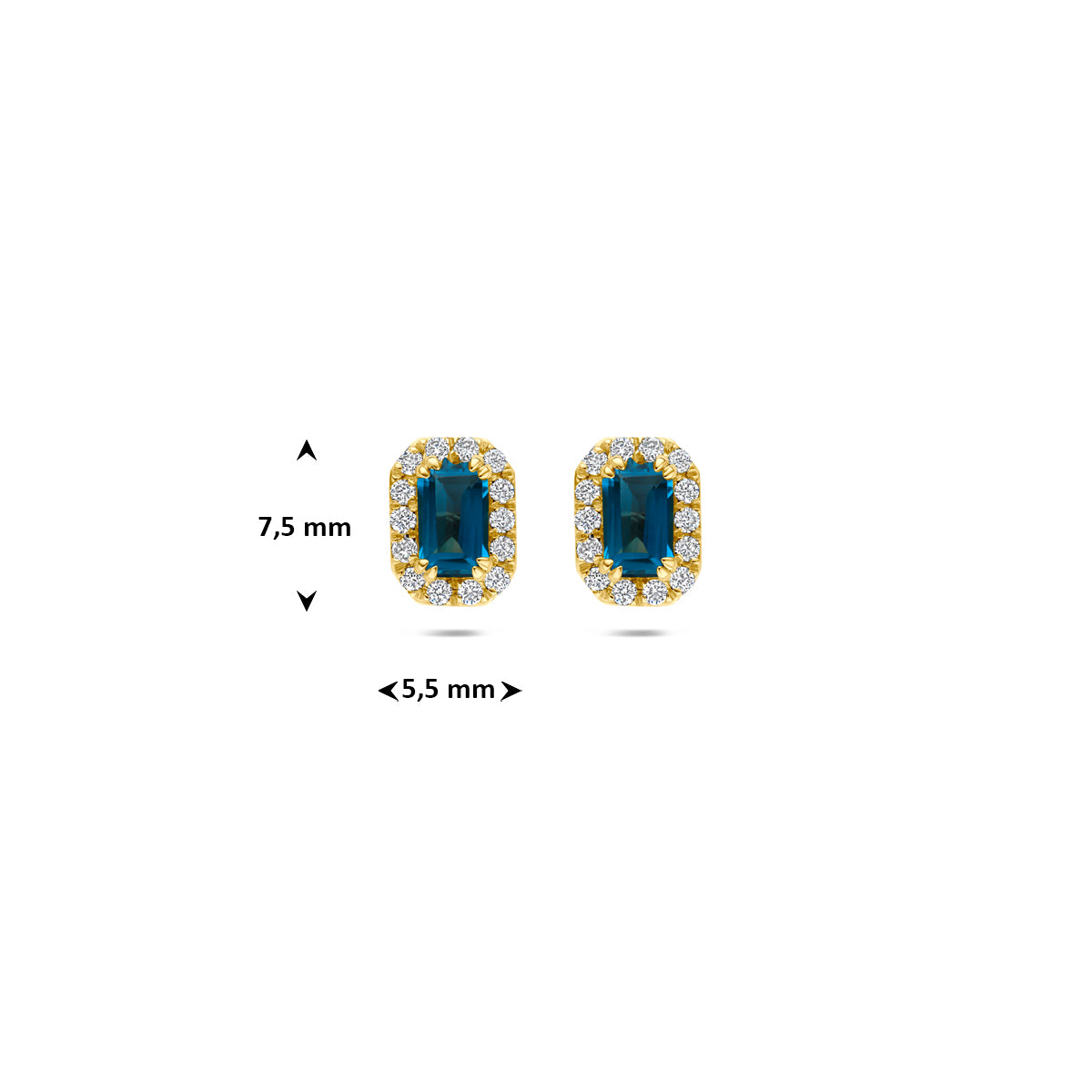 oorknoppen london blue topaas en lab grown diamant 0.16ct (2x 0.08ct) f vs 7,5 mm 14K geelgoud
