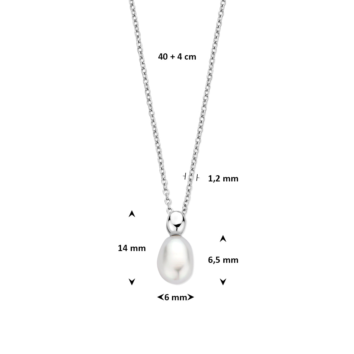 collier parel 40 + 4 cm zilver gerhodineerd