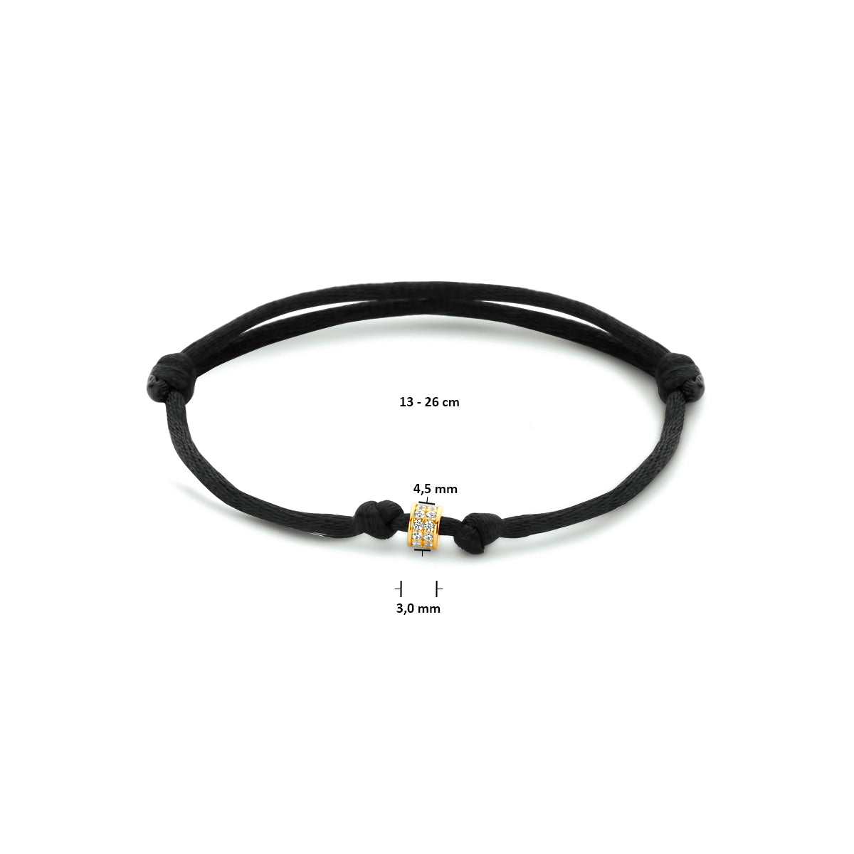 Armband schwarz Satin 13 - 26 cm 14K Gold mit Gummi/Nylon/Leder