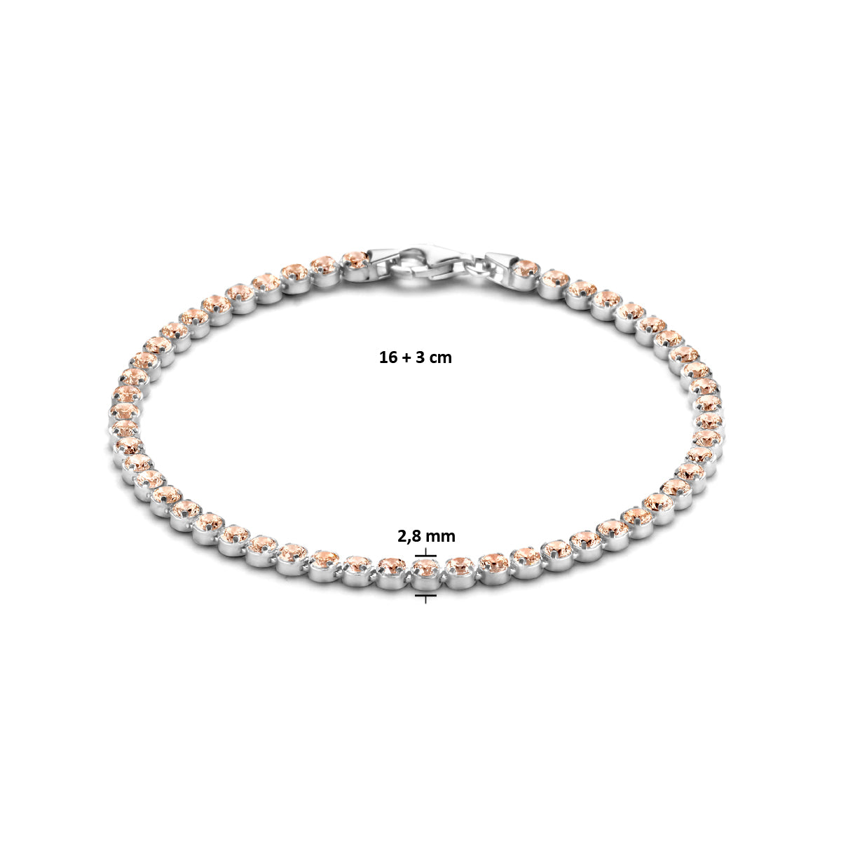 tennisarmband champagne zirkonia 2,8 mm 16 + 3 cm zilver gerhodineerd