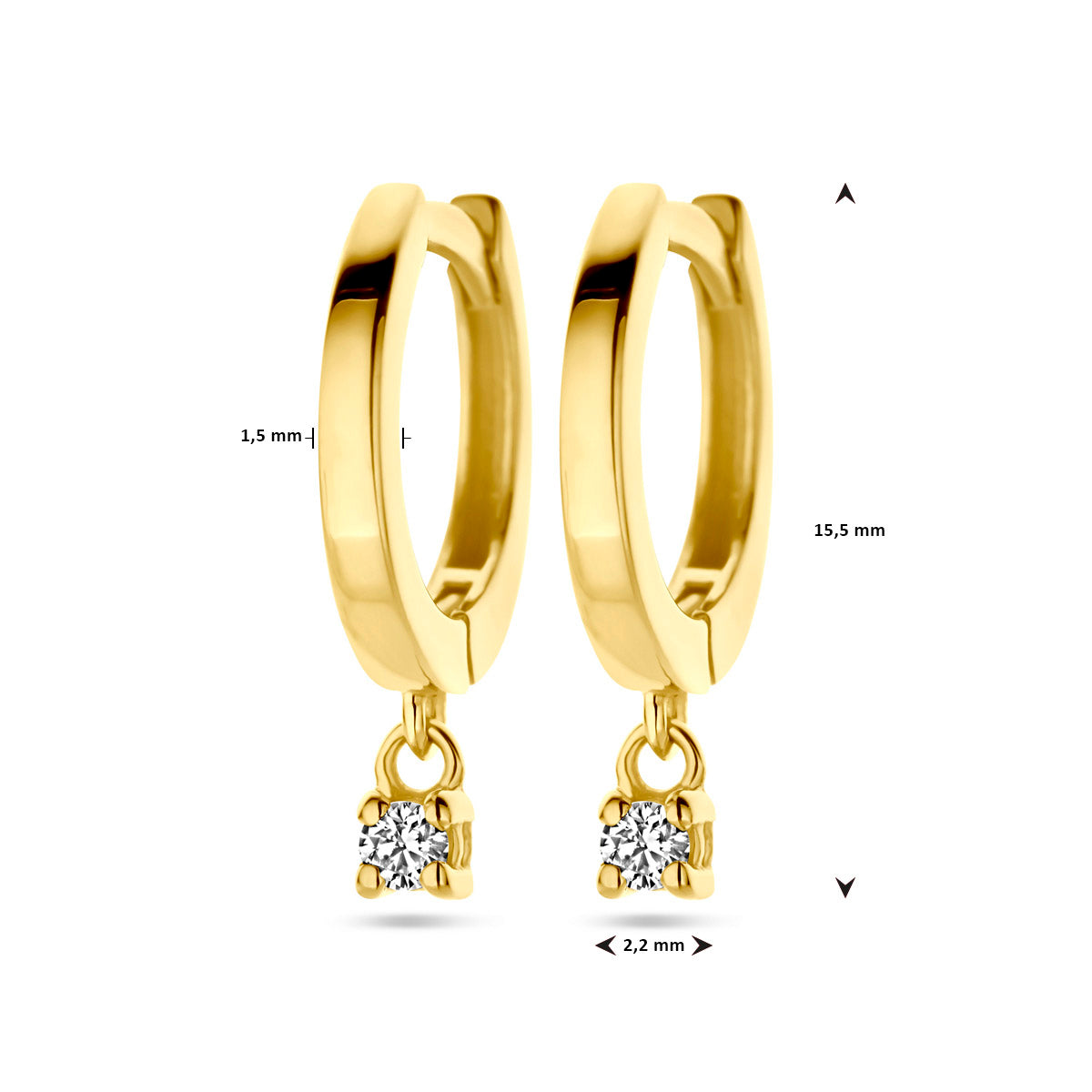 klapoorring diamant 0.06ct (2x 0.03ct) h si 16 mm 14K geelgoud