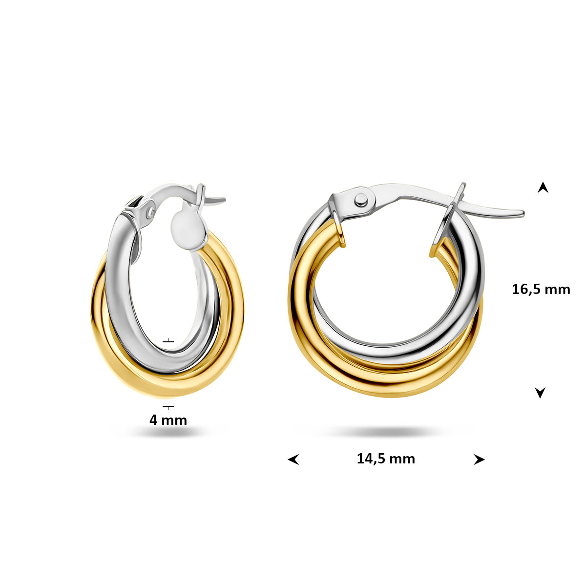 oorringen buis 4 mm 14K bicolor goud geel/wit