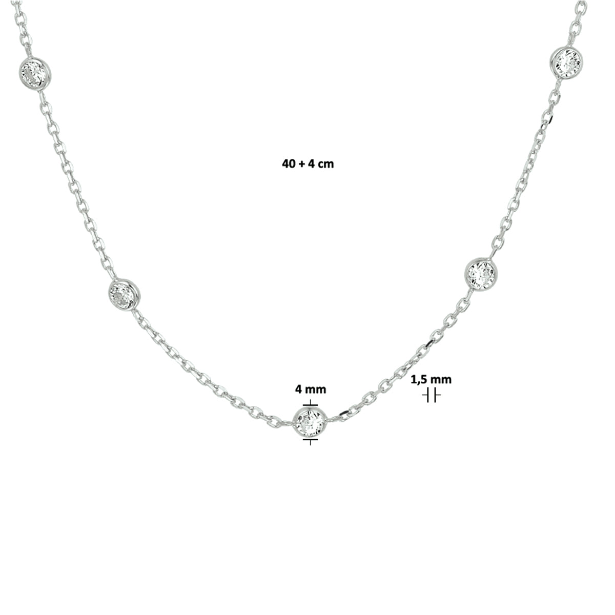 Zirkonia-Halskette 40 + 4 cm Silber rhodiniert