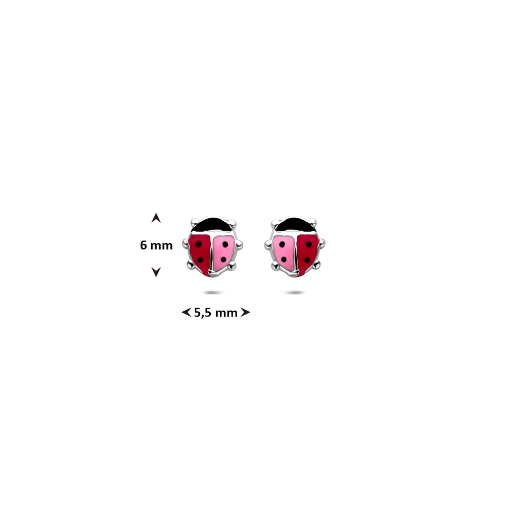 oorknoppen emaille lieveheersbeestje 6 mm zilver gerhodineerd