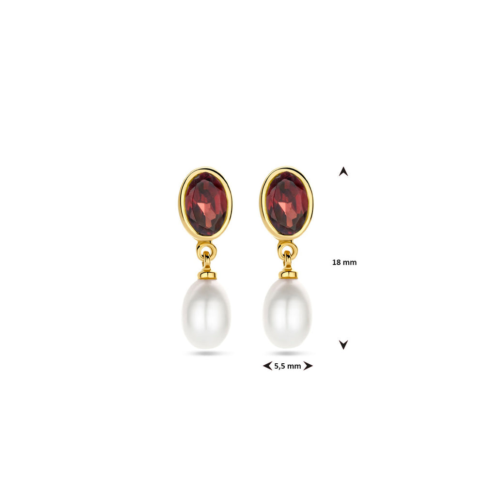 Ohrhänger Perle und Granat 18 mm 14K Gelbgold