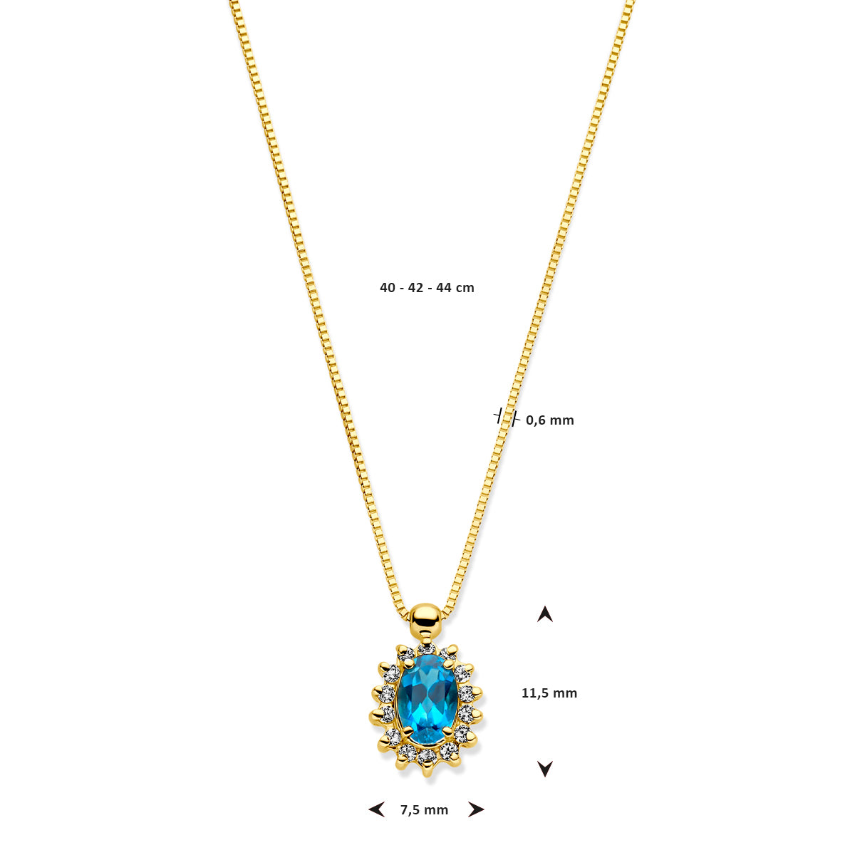collier london blue topaas en diamant 40 - 42 - 44 cm 0.11ct h si 14K geelgoud