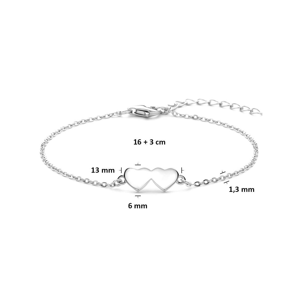 armband hartjes 16 + 3 cm zilver gerhodineerd