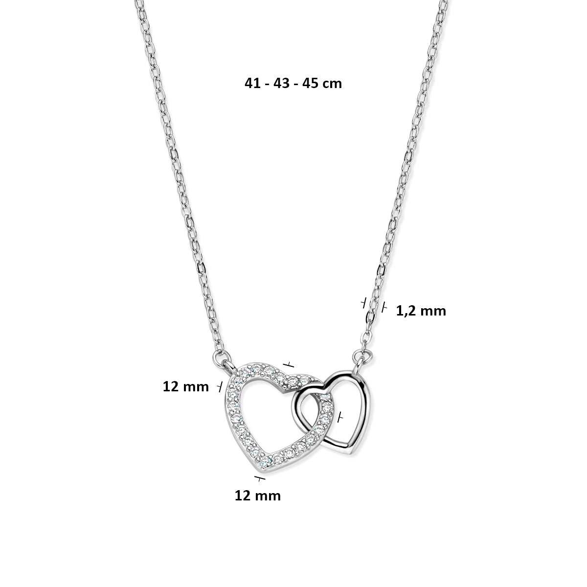 Halskette Herzen Zirkonia 41 - 43 - 45 cm Silber rhodiniert
