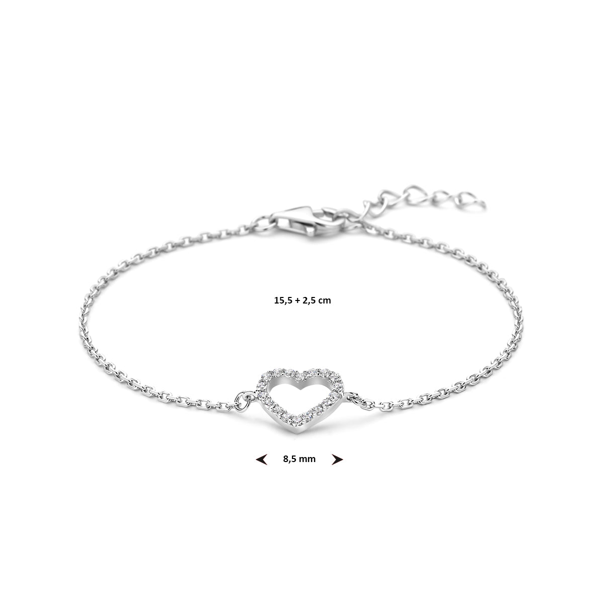 Armband Herz Zirkonia 15,5 + 2,5 cm Silber rhodiniert