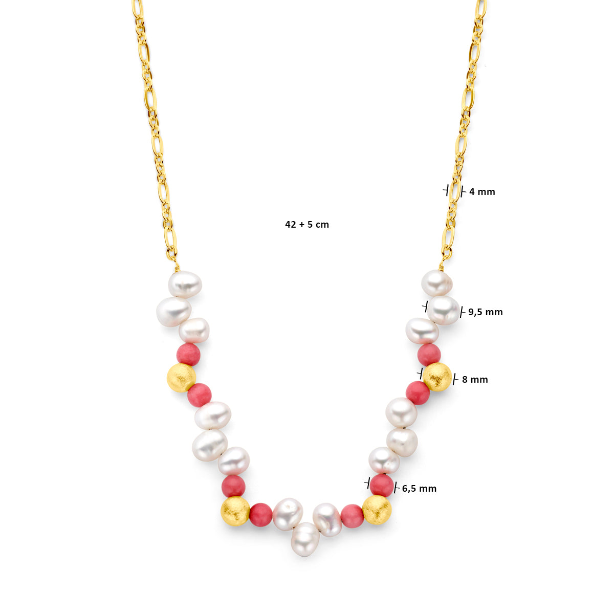Halskette Kugeln, Perlen und rosa Jade 42 + 5 cm 3 Mikron Silber vergoldet (gelb)
