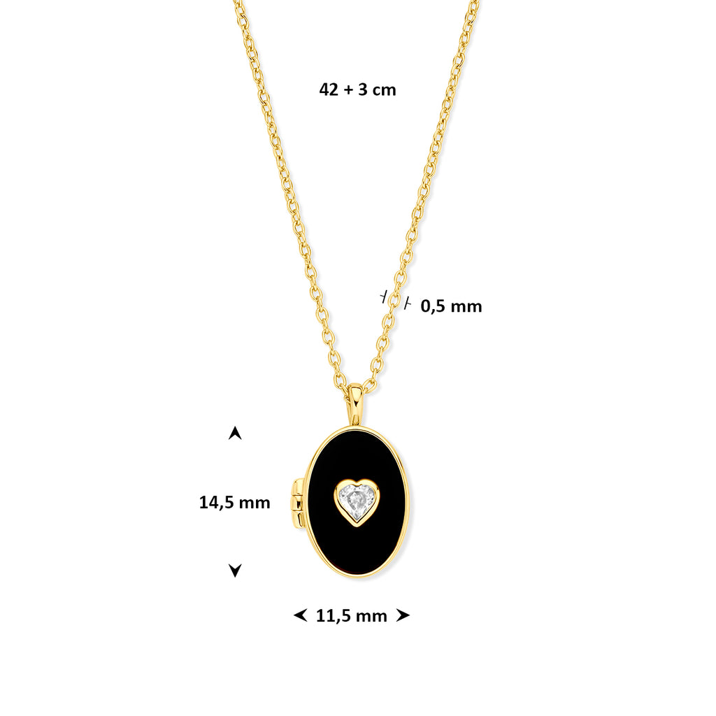 collier hartje zirkonia en onyx medaillon 42 + 3 cm 3 micron zilver verguld (geel)