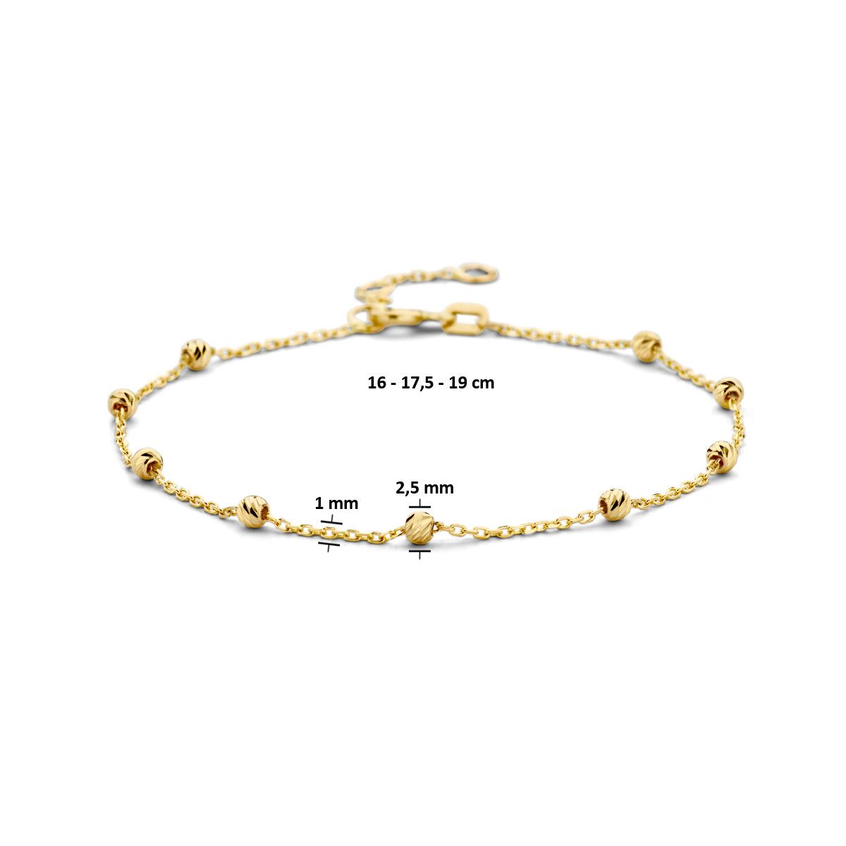 Armband diamantierte Kugeln 2,5 mm 16,5 - 17,5 - 19 cm 14K Gelbgold