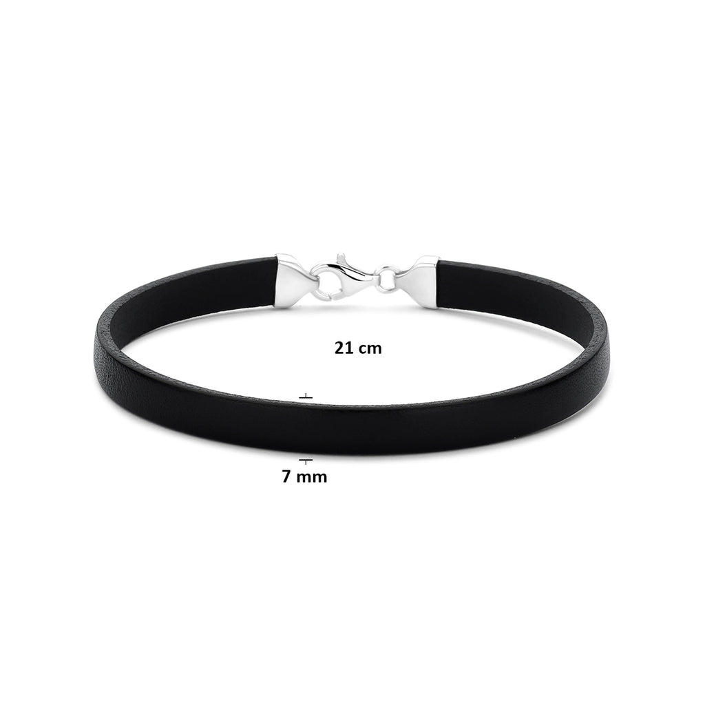 armband zwart leer 7 mm 21 cm zilver gerhodineerd met rubber/nylon/leer