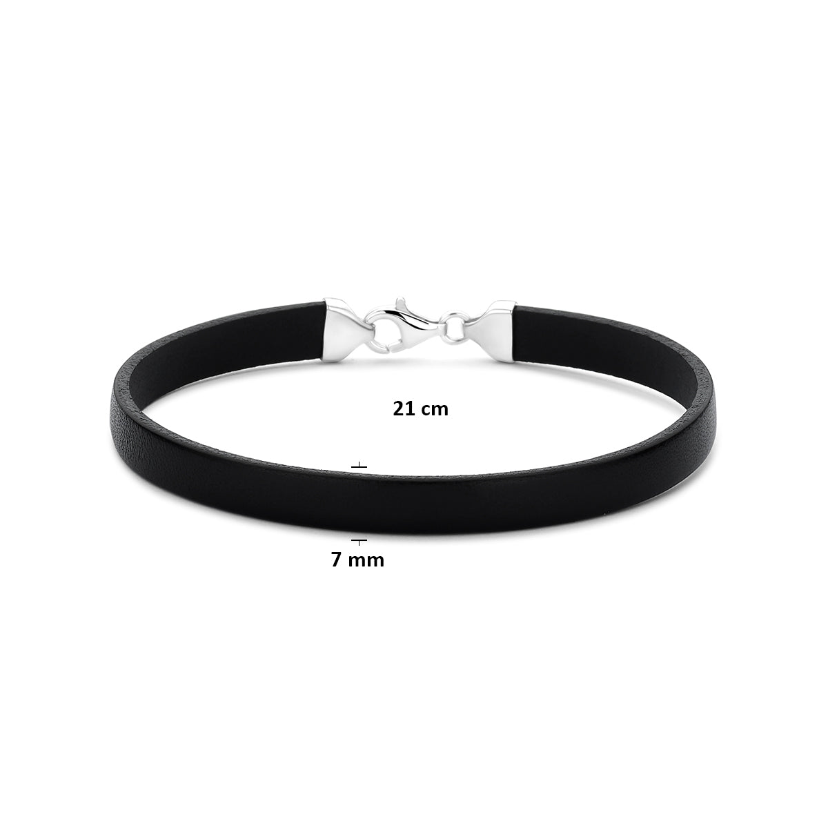 armband zwart leer 7 mm 21 cm zilver gerhodineerd met rubber/nylon/leer