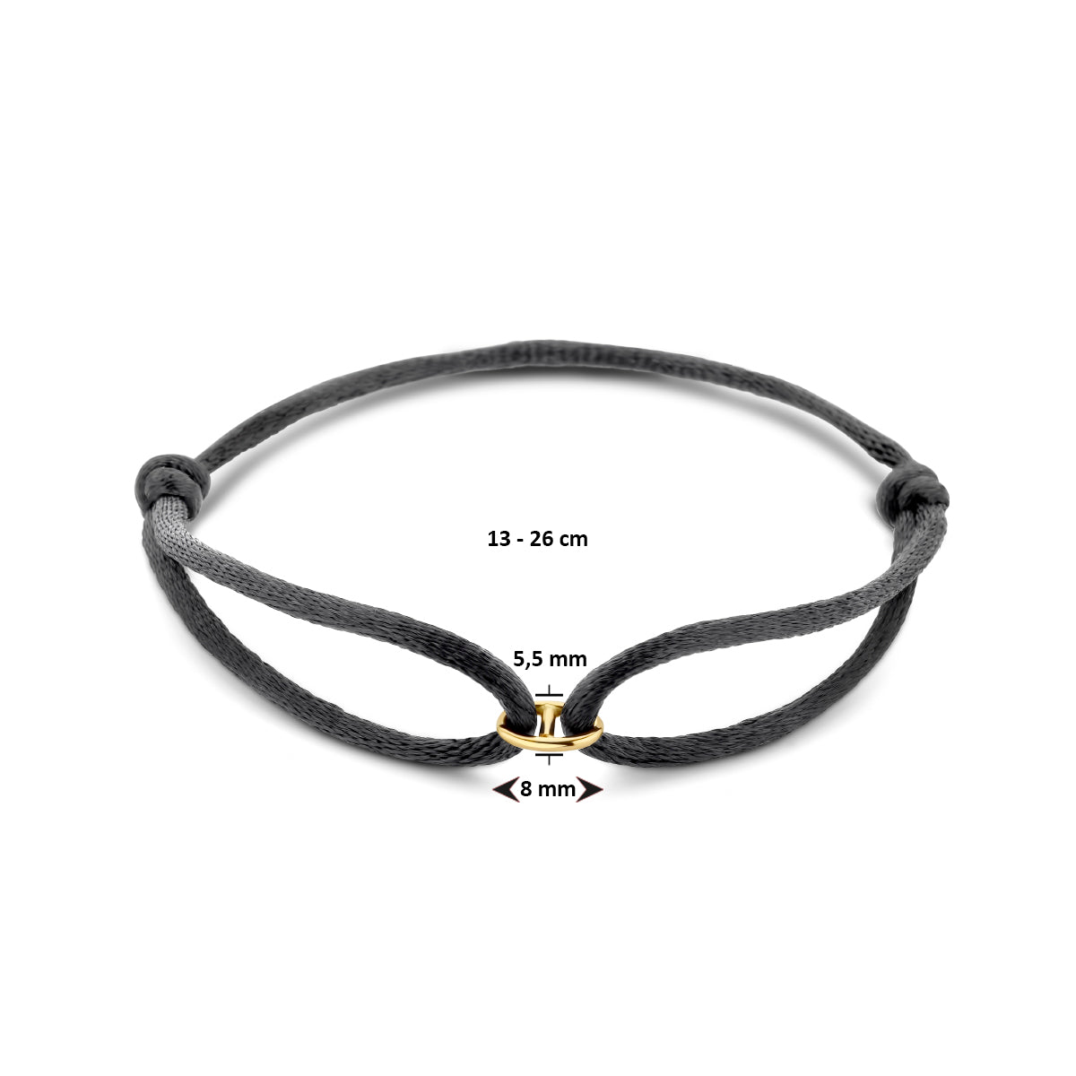 Armband Satin Schwarz 13 - 26 cm 14K Gold mit Gummi/Nylon/Leder